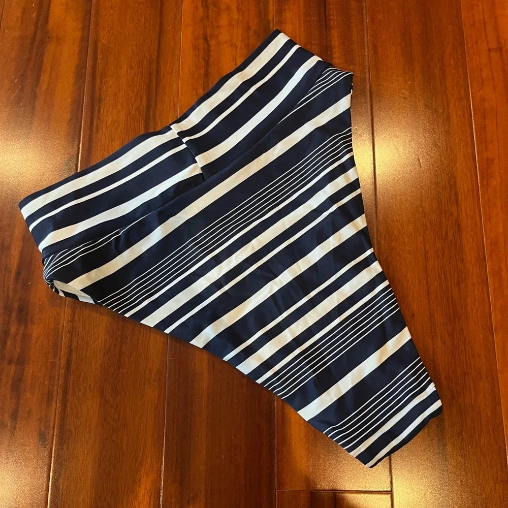 Aerie Stripe Bikini Swim Bottoms High Cut Cheeky Navy Blue White New Size Medium